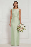 Sage Green Sheath Bateau Neck Satin Bridesmaid Dress