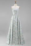 Floral Printed Blue White A Line Long Bridesmaid Dress