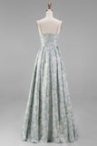 Floral Printed Blue White A Line Long Bridesmaid Dress