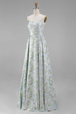 Floral Printed Blue White A Line Long Bridesmaid Dress