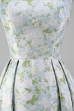 Floral Printed Blue White A Line Long Bridesmaid Dress