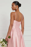 Satin A Line Spaghetti Straps Yellow Bridesmaid Dress