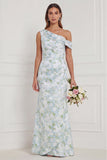 Mermaid Asymmetrical Neck Blue White Floral Bridesmaid Dress
