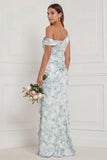 Mermaid Asymmetrical Neck Blue White Floral Bridesmaid Dress