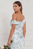 Mermaid Asymmetrical Neck Blue White Floral Bridesmaid Dress