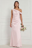 Burnt Orange Asymmetrical Neck Mermaid Ruched Satin Bridesmaid Dress