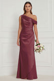 Burnt Orange Asymmetrical Neck Mermaid Ruched Satin Bridesmaid Dress