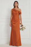 Burnt Orange Asymmetrical Neck Mermaid Ruched Satin Bridesmaid Dress