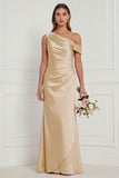 Burnt Orange Asymmetrical Neck Mermaid Ruched Satin Bridesmaid Dress