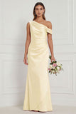 Burnt Orange Asymmetrical Neck Mermaid Ruched Satin Bridesmaid Dress