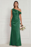 Burnt Orange Asymmetrical Neck Mermaid Ruched Satin Bridesmaid Dress