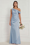 Burnt Orange Asymmetrical Neck Mermaid Ruched Satin Bridesmaid Dress