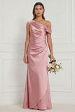 Burnt Orange Asymmetrical Neck Mermaid Ruched Satin Bridesmaid Dress