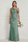 Burnt Orange Asymmetrical Neck Mermaid Ruched Satin Bridesmaid Dress