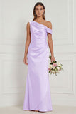 Burnt Orange Asymmetrical Neck Mermaid Ruched Satin Bridesmaid Dress