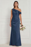 Burnt Orange Asymmetrical Neck Mermaid Ruched Satin Bridesmaid Dress