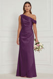 Burnt Orange Asymmetrical Neck Mermaid Ruched Satin Bridesmaid Dress