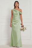 Burnt Orange Asymmetrical Neck Mermaid Ruched Satin Bridesmaid Dress