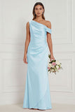 Burnt Orange Asymmetrical Neck Mermaid Ruched Satin Bridesmaid Dress