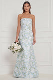 Strapless Mermaid Blue White Floral Printed Bridesmaid Dress