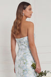 Strapless Mermaid Blue White Floral Printed Bridesmaid Dress