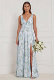 Blue White Flower V Neck A Line Long Bridesmaid Dress with Slit