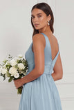 Dusty Blue A Line V Neck Bridesmaid Dress with Slit