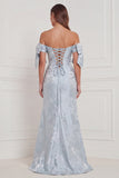 Off the Shoulder Blue Floral Mermaid Bridesmaid Dress with Slit