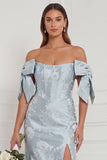 Off the Shoulder Blue Floral Mermaid Bridesmaid Dress with Slit