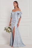 Off the Shoulder Blue Floral Mermaid Bridesmaid Dress with Slit