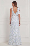 Blue White Flower V Neck Mermaid Bridesmaid Dress with Slit