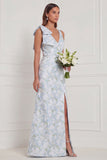Blue White Flower V Neck Mermaid Bridesmaid Dress with Slit
