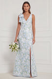 Blue White Flower V Neck Mermaid Bridesmaid Dress with Slit