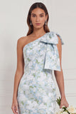 One Shoulder Blue White Flower Mermaid Bridesmaid Dress with Slit