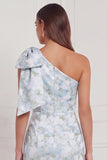 One Shoulder Blue White Flower Mermaid Bridesmaid Dress with Slit