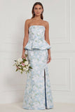 Strapless Mermaid Blue White Flower Ruffled Bridesmaid Dress