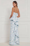 Strapless Mermaid Blue White Flower Ruffled Bridesmaid Dress