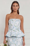 Strapless Mermaid Blue White Flower Ruffled Bridesmaid Dress