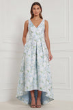 A Line Blue White Floral V Neck High Low Bridesmaid Dress