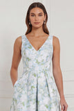 A Line Blue White Floral V Neck High Low Bridesmaid Dress