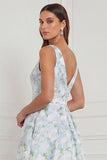 A Line Blue White Floral V Neck High Low Bridesmaid Dress