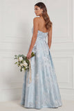 Blue A Line Strapless Floral Bridesmaid Dress