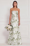 Strapless Mermaid Blue White Floral Printed Bridesmaid Dress