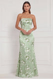 Strapless Mermaid Blue White Floral Printed Bridesmaid Dress