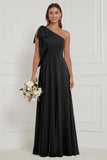 One Shoulder Bow A Line Sage Bridesmaid Dress with Lace-up Back