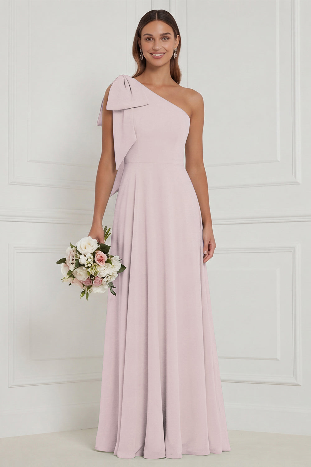 WEDTREND Women One Shoulder Sage Bridesmaid Dress with Bow A Line Long Wedding Guest Dress with Lace-up Back, Blush Pink / US14