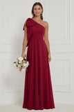 One Shoulder Bow A Line Sage Bridesmaid Dress with Lace-up Back