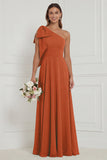 One Shoulder Bow A Line Sage Bridesmaid Dress with Lace-up Back