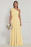 One Shoulder Bow A Line Sage Bridesmaid Dress with Lace-up Back