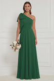 One Shoulder Bow A Line Sage Bridesmaid Dress with Lace-up Back